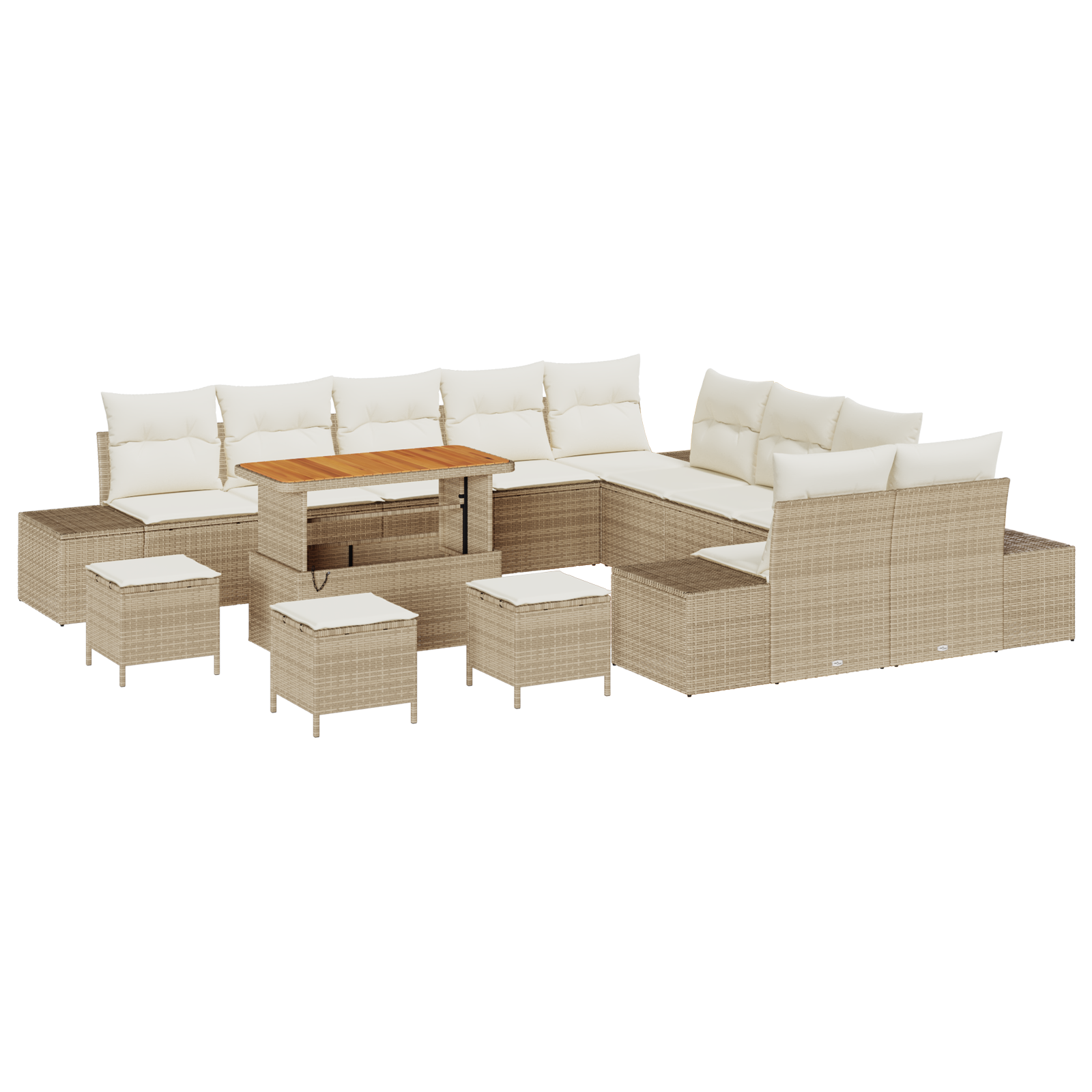 Set da giardino di 14 pezzi con cuscini in polyrattan beige, acacia