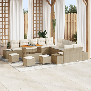Set da giardino di 14 pezzi con cuscini in polyrattan beige, acacia