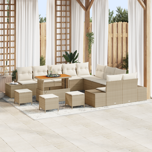 Set da giardino di 14 pezzi con cuscini in polyrattan beige, acacia