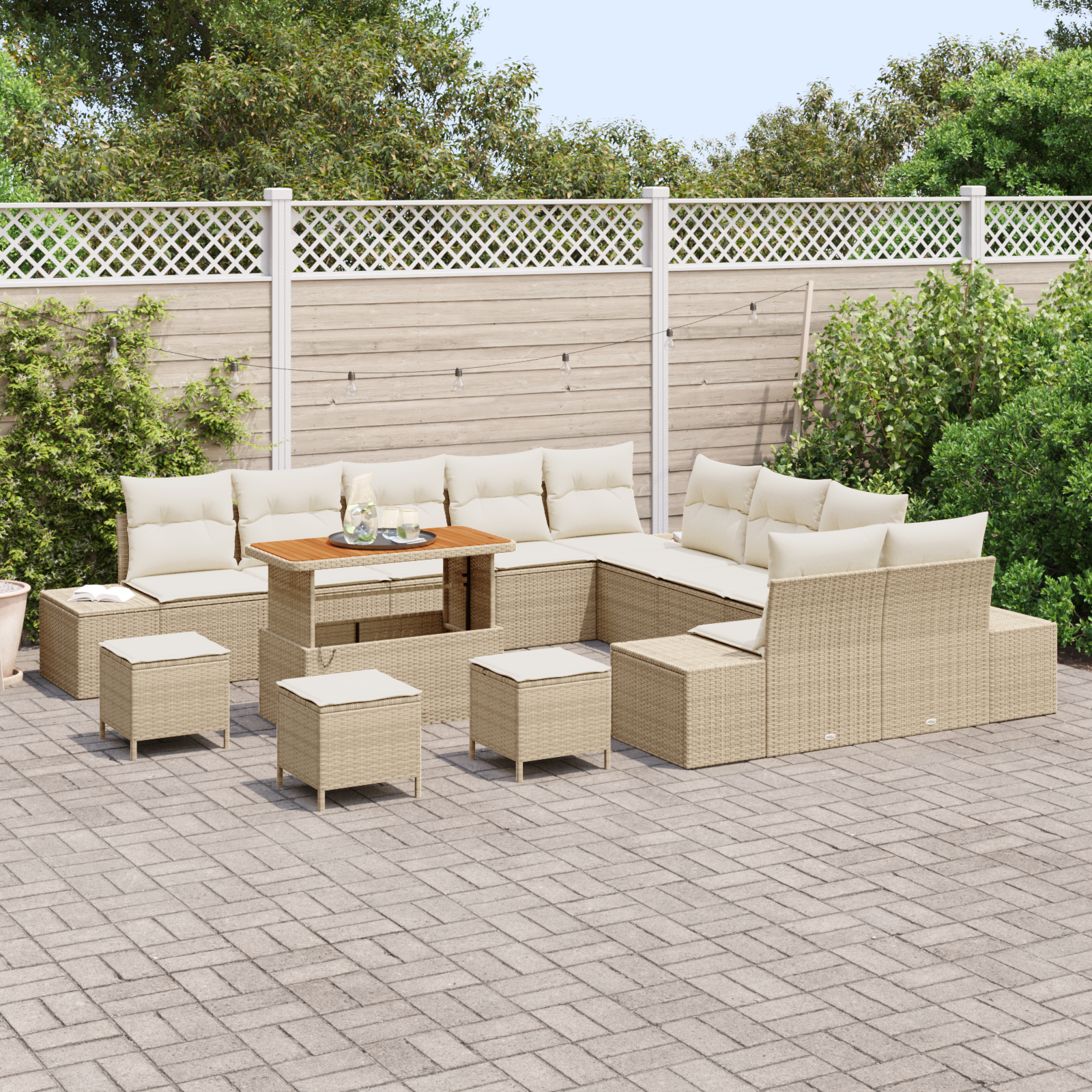 Set da giardino di 14 pezzi con cuscini in polyrattan beige, acacia