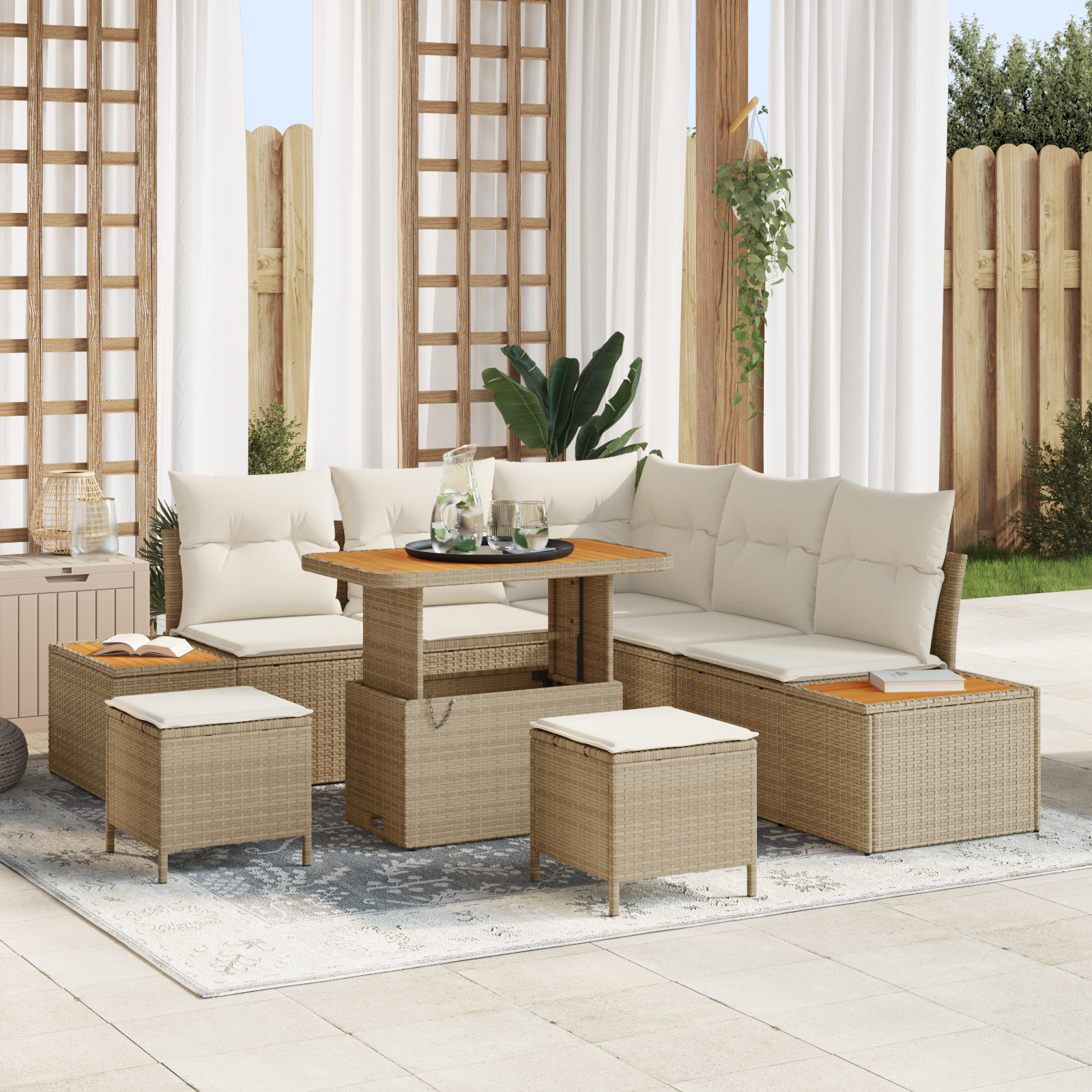 Set di Divani da Giardino 8 Pezzi con Cuscini Rattan Poliestere Beige Acacia