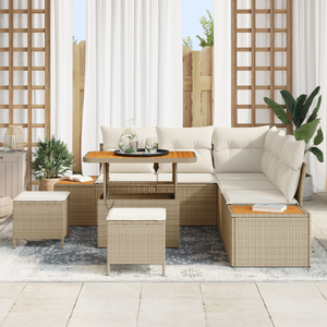 Set di Divani da Giardino 8 Pezzi con Cuscini Rattan Poliestere Beige Acacia