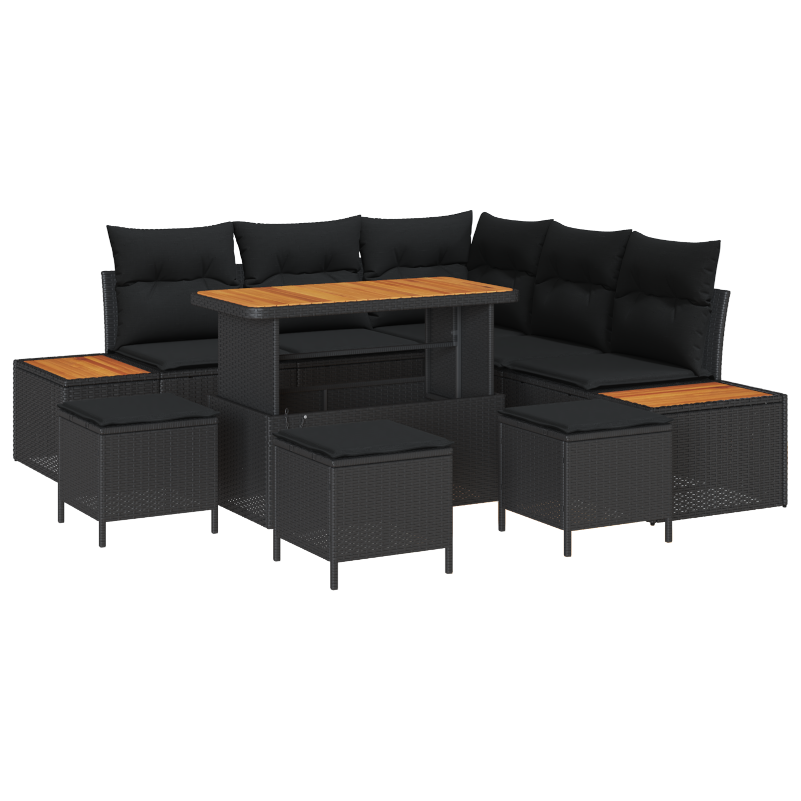 Set divano da giardino 9 pezzi con cuscini in polyrattan nero e acacia