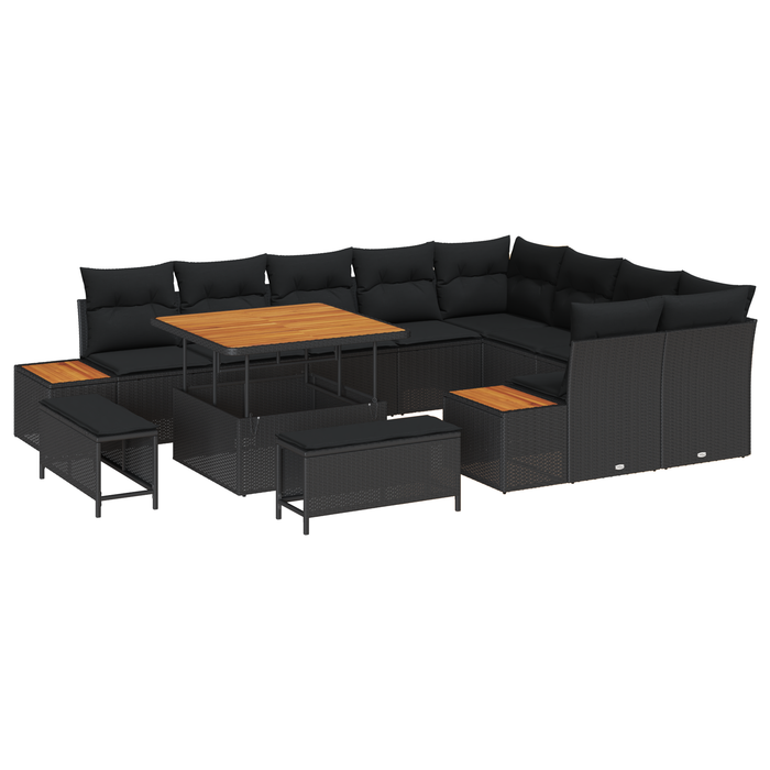 Set Divano da Giardino  12 Pezzi con Cuscini Nero Polyrattan