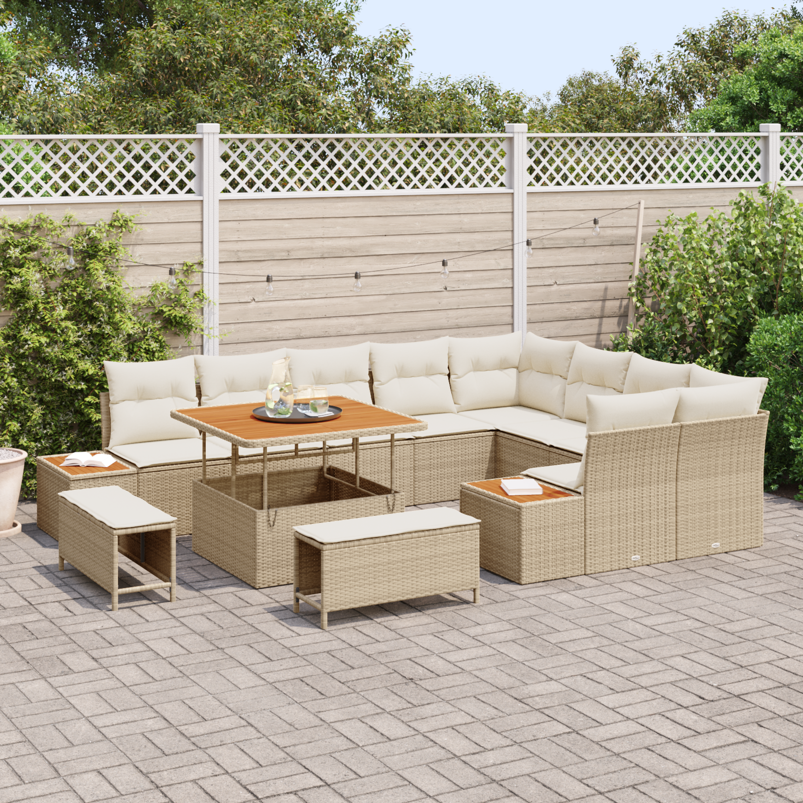 Set Divano da Giardino  in 12 Pezzi con Cuscini Rattan Beige Acacia
