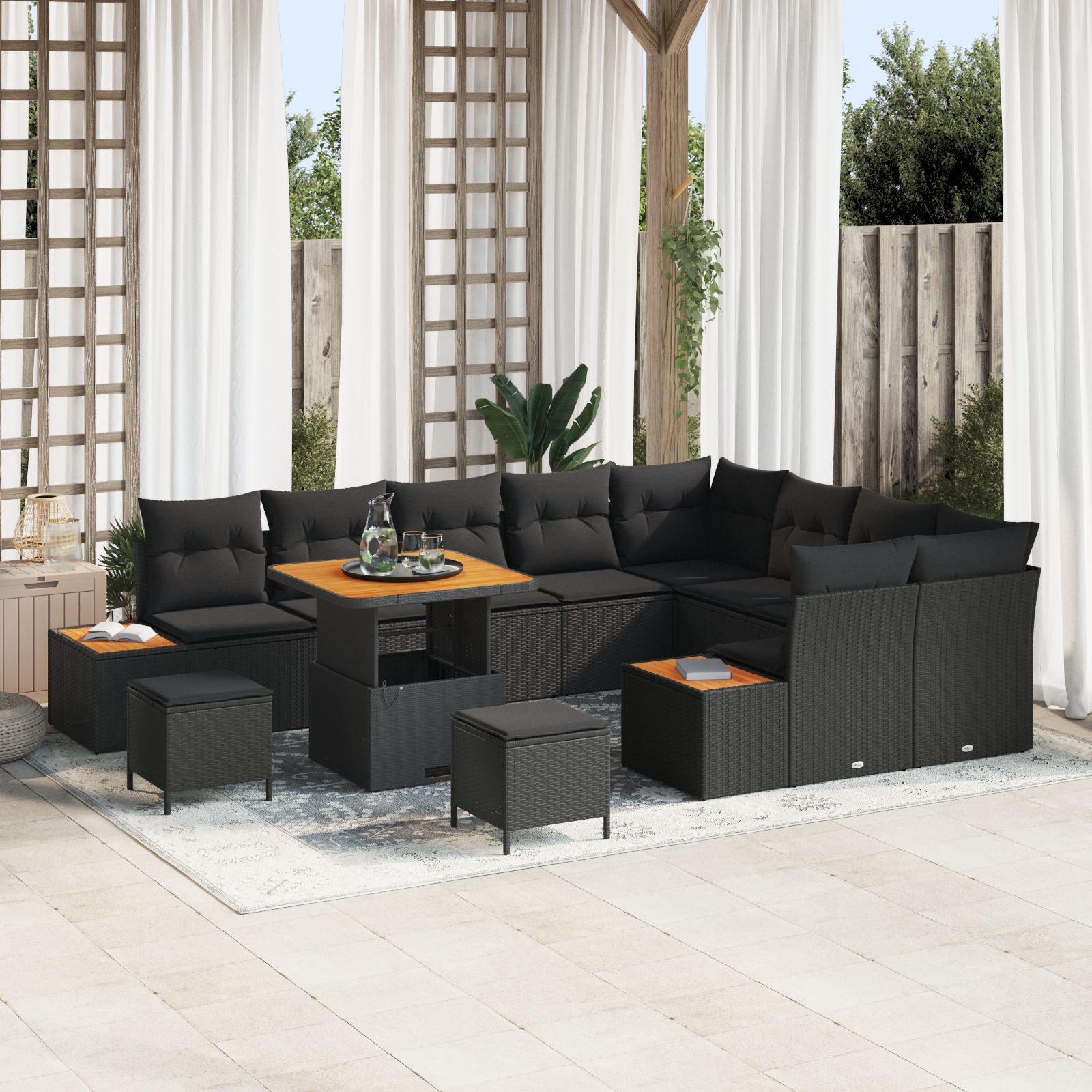 Set Giardino  12 Pezzi con Cuscini Nero Polyrattan Acacia