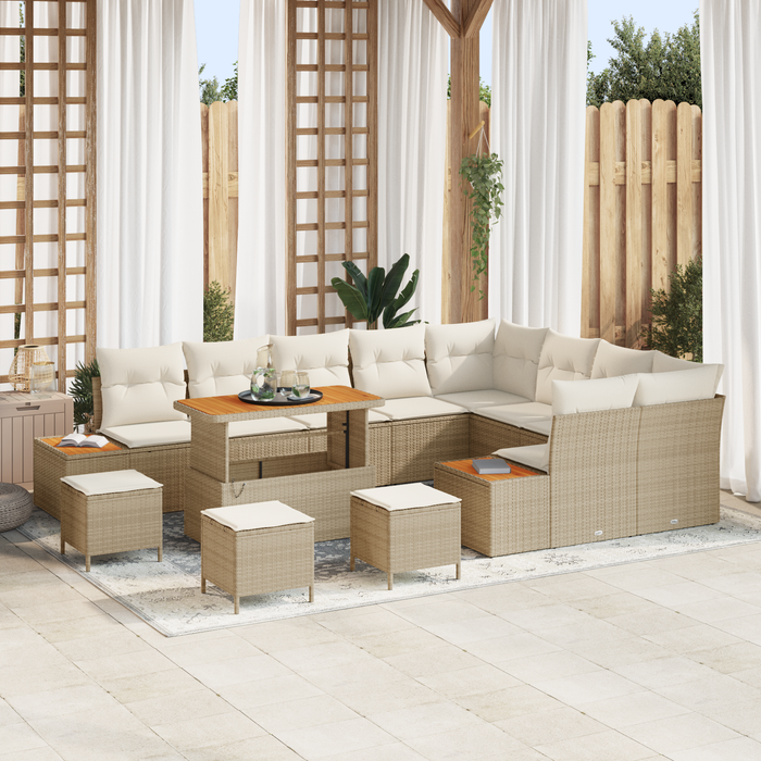 Set di Divano da Giardino  13 Pezzi con Cuscini Beige in Rattan Poli Acacia