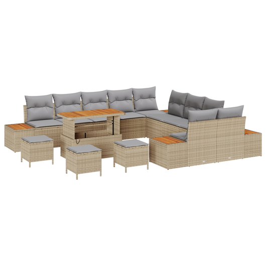 Set di Sofà da Giardino  14 Pezzi con Cuscini Beige Polyrattan Acacia