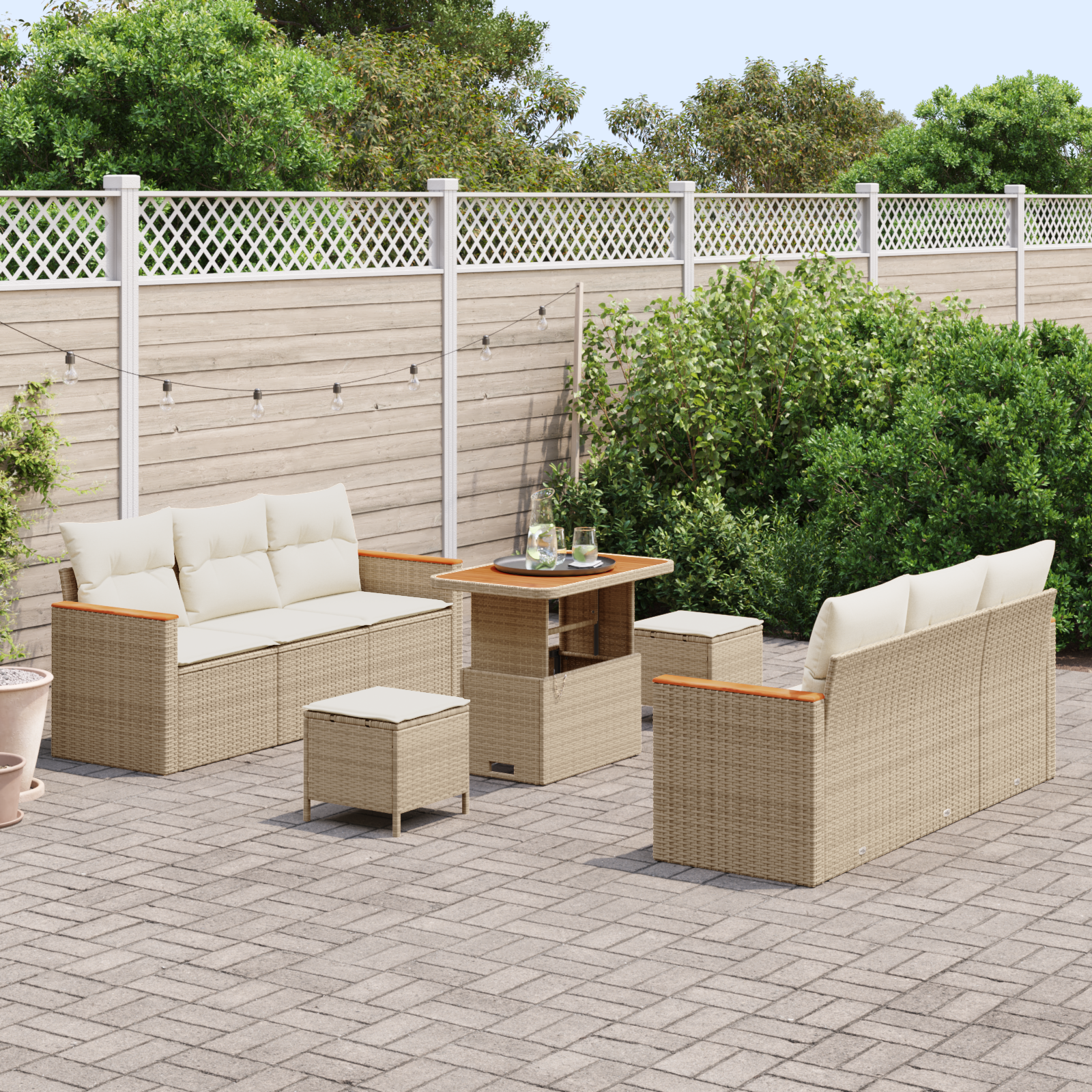 Set Divano da Giardino 9 Pezzi con Cuscini Beige Polyrattan Acacia