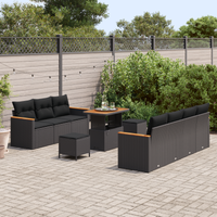 Set Divano da Giardino  10 Pezzi con Cuscini Nero Polyrattan Acacia