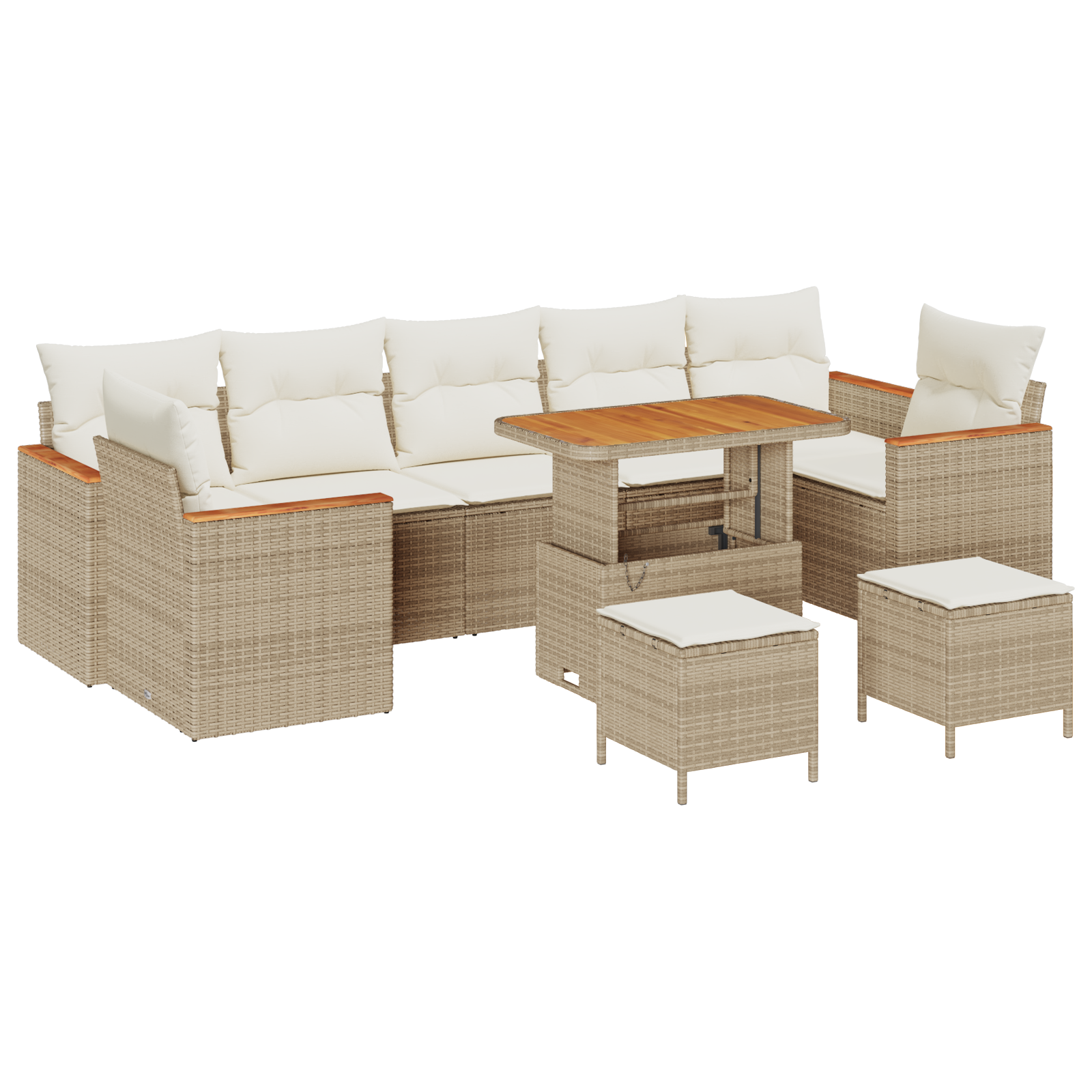Set di divani da giardino con cuscini beige in polyrattan acacia  10 pezzi