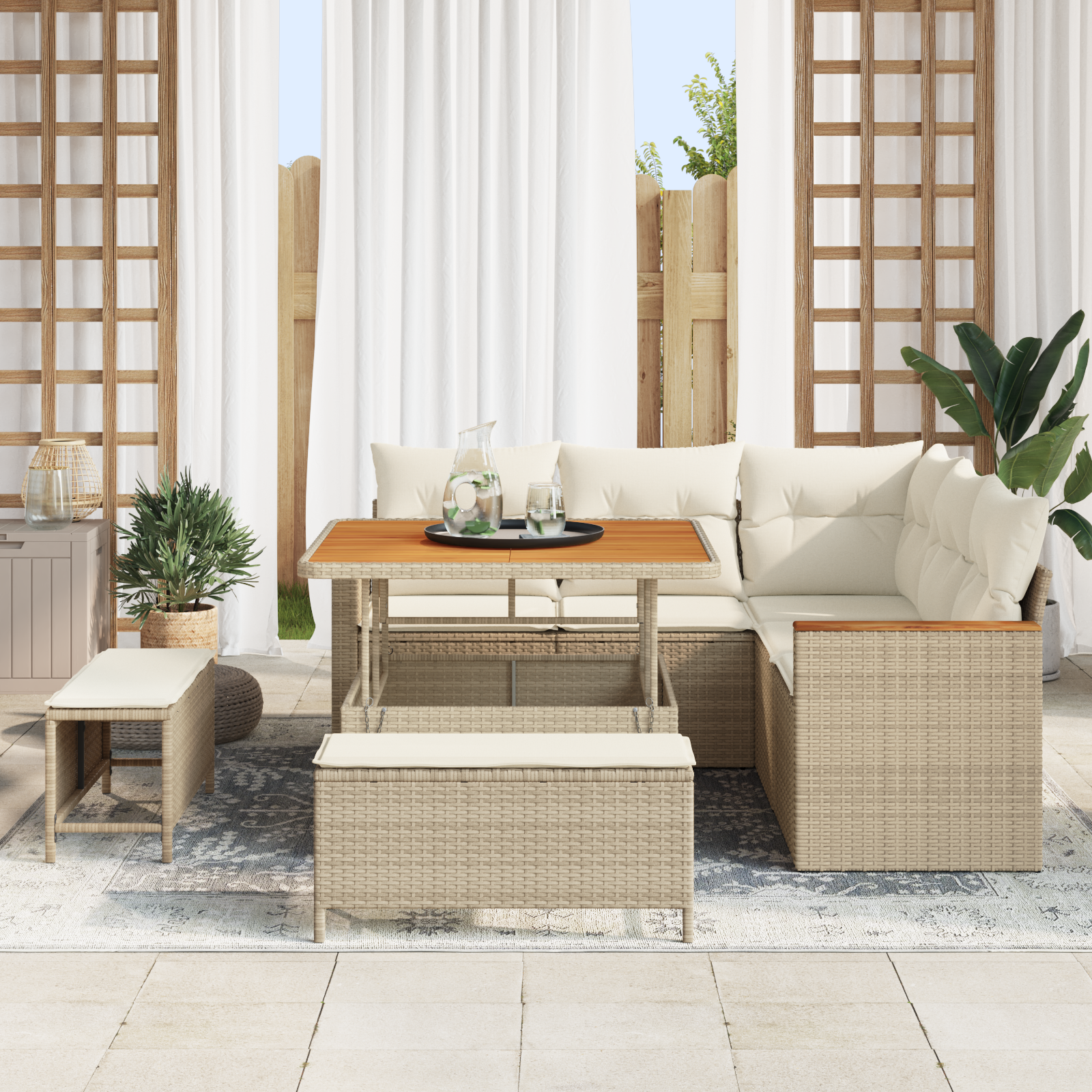 Set di Divani da Giardino con Cuscini Beige in Rattan Polimerico e Acacia