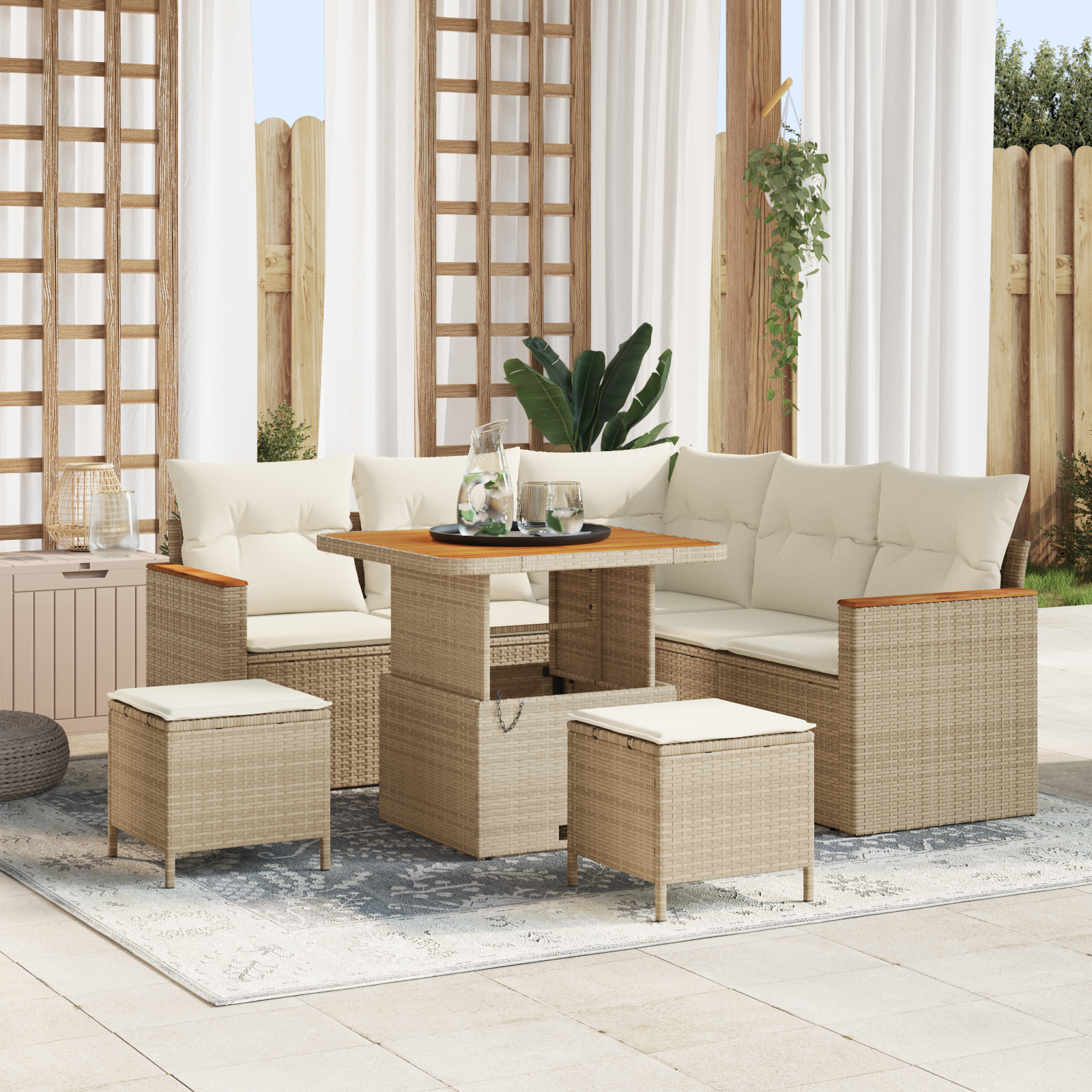Set Divano da Giardino da 8 pezzi con Cuscini Beige Rattan Poliestere Acacia