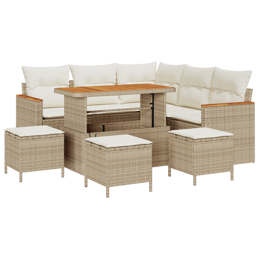 Set Divano da Giardino  9 Pezzi con Cuscini Beige Polyrattan Acacia