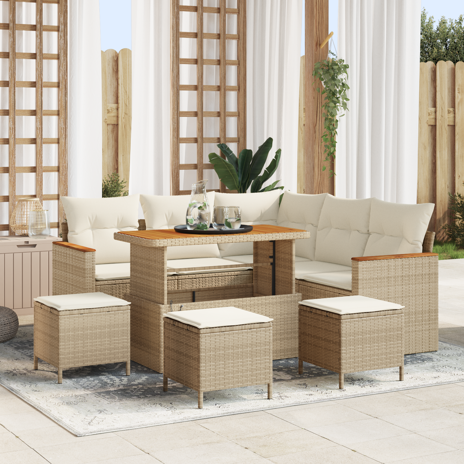 Set Divano da Giardino  9 Pezzi con Cuscini Beige Polyrattan Acacia