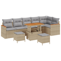 Set Divano da Giardino 9 Pezzi con Cuscini Beige Rattan Poliacacia