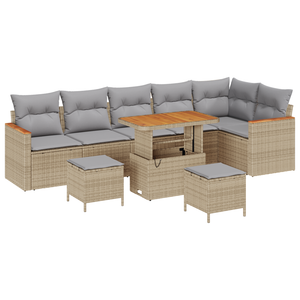 Set Divano da Giardino 9 Pezzi con Cuscini Beige Rattan Poliacacia