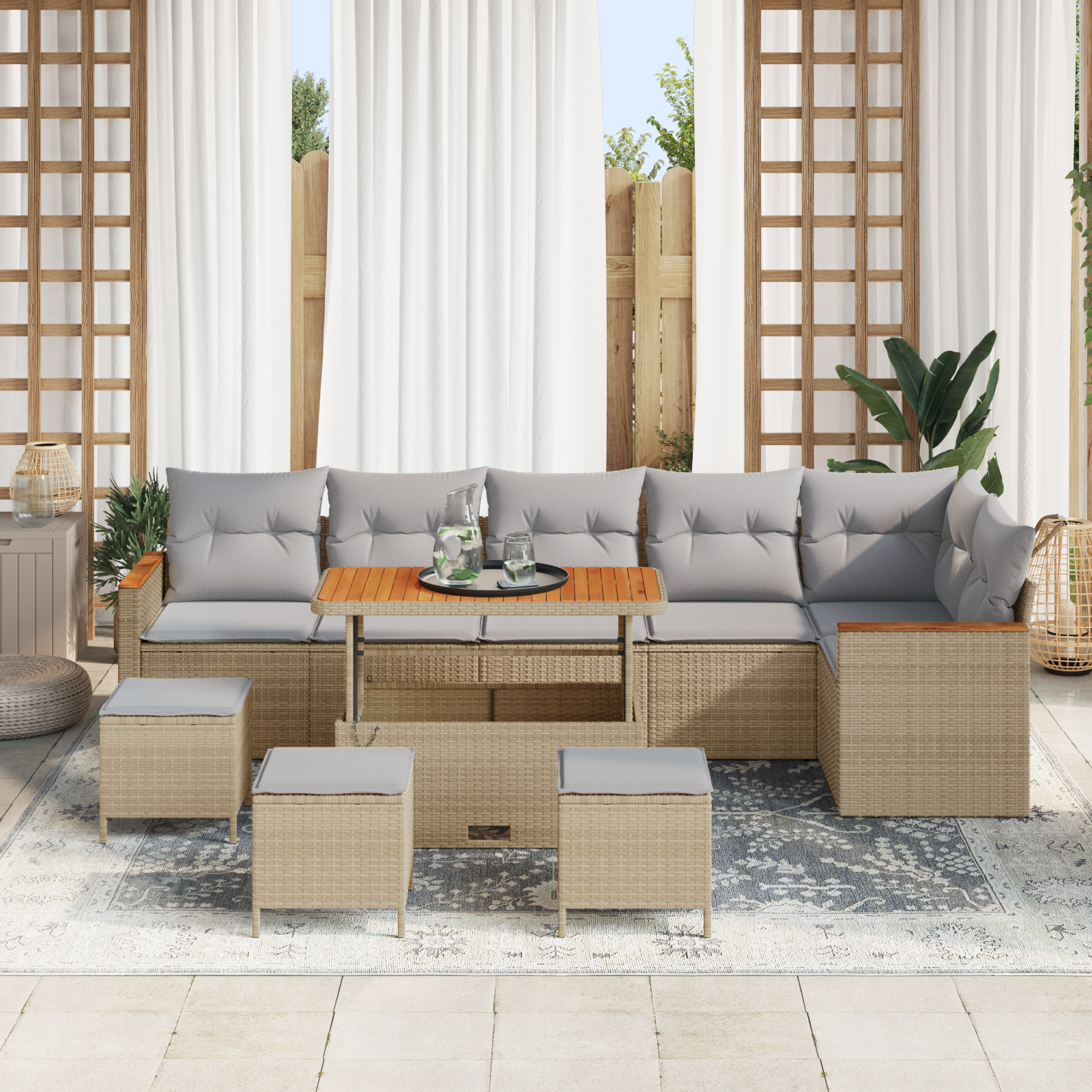 Set Divano Giardino 10 Pezzi con Cuscini Beige Polyrattan Acacia
