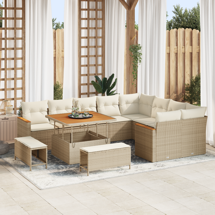 Set di 12 Pezzi Divano da Giardino con Cuscini Beige Polyrattan Acacia