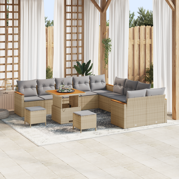 Set Divano da Giardino da 13 Pezzi con Cuscini Beige Polyrattan Acacia