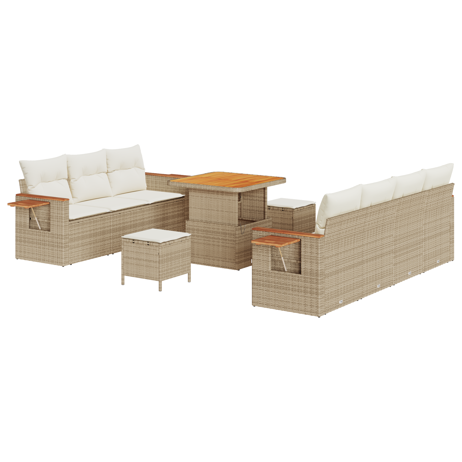 Set di Divani da Giardino 10 Pezzi con Cuscini in Rattan Beige e Legno di Acacia