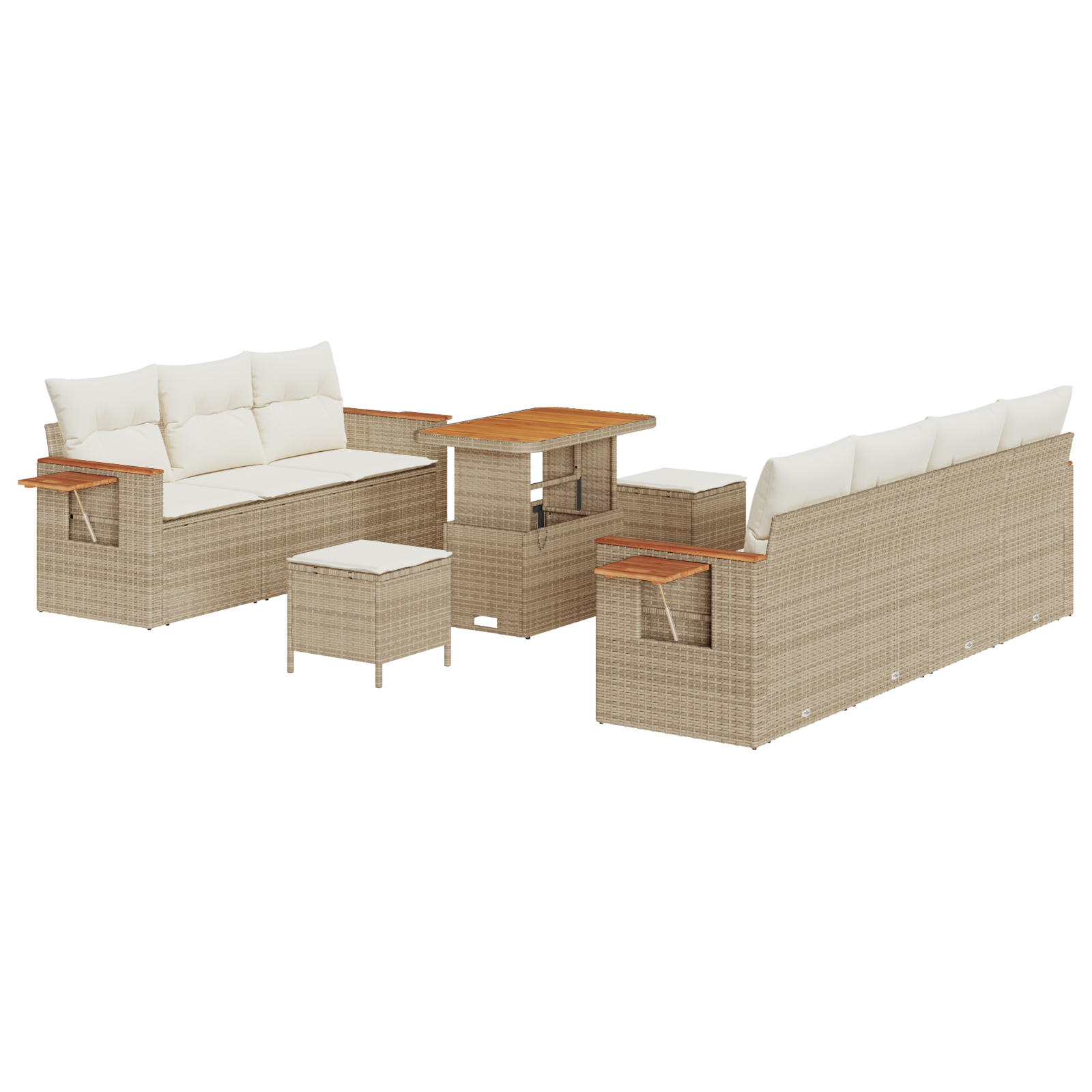Set di Sofà da Giardino 10 Pezzi con Cuscini Beige Polyrattan Acacia