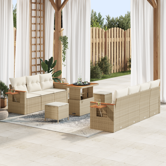 Set di Sofà da Giardino 10 Pezzi con Cuscini Beige Polyrattan Acacia