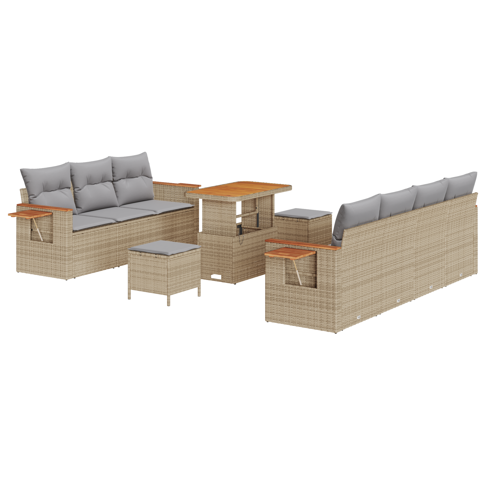 Set Divano da Giardino da 10 Pezzi con Cuscini Beige in Polyrattan e Acacia