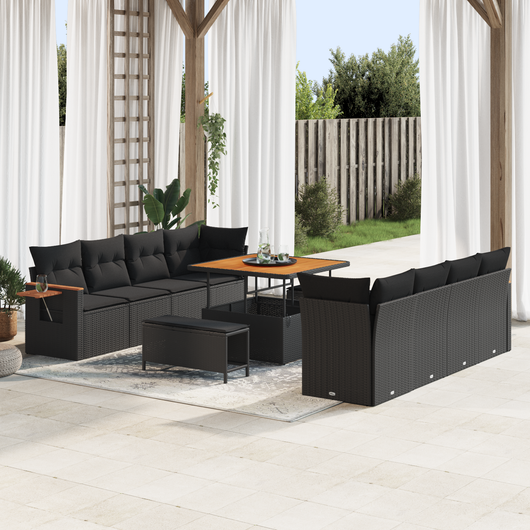 Set di Divani da Giardino 11 Pezzi con Cuscini Nero Polyrattan Acacia