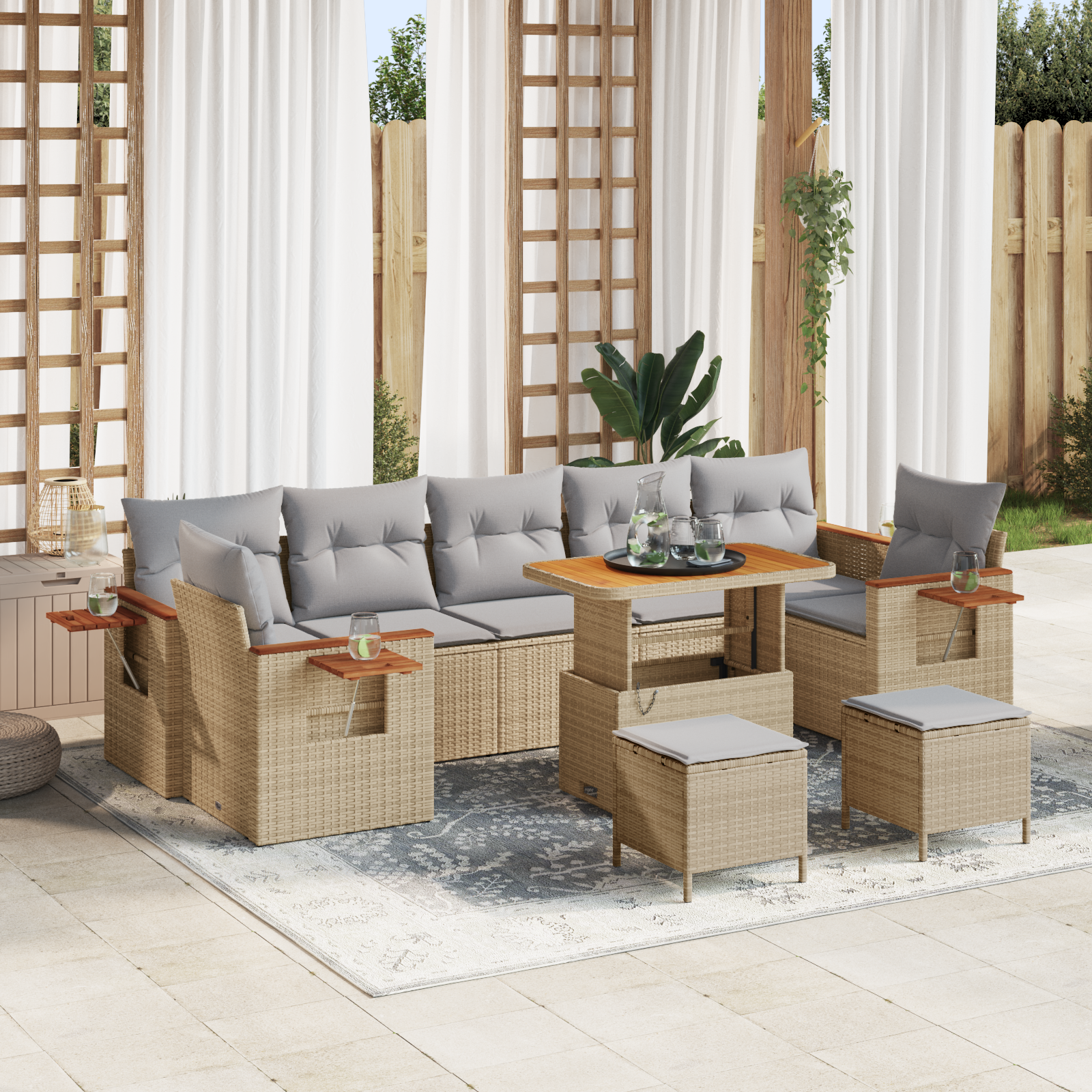 Set Divano Giardino  10 Pezzi con Cuscini Beige Polyrattan Acacia