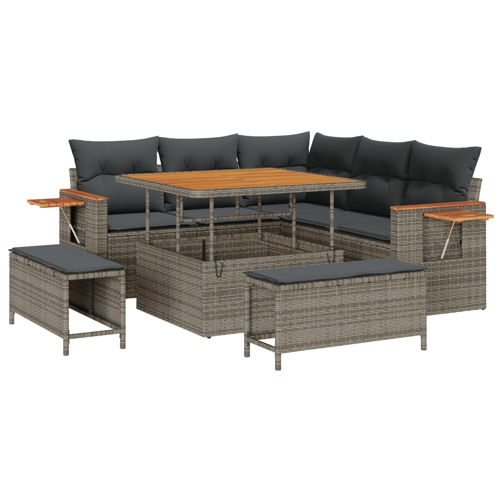 Set di Sofà da Giardino  8 Pezzi con Cuscini Grigio Polyrattan Acacia