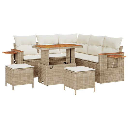 Set di divani da giardino  da 8 pezzi con cuscini beige in polyrattan e acacia