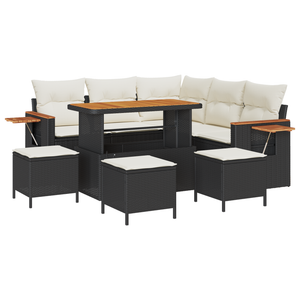 Set di divani da giardino  9 pezzi con cuscini in rattan sintetico nero e acacia