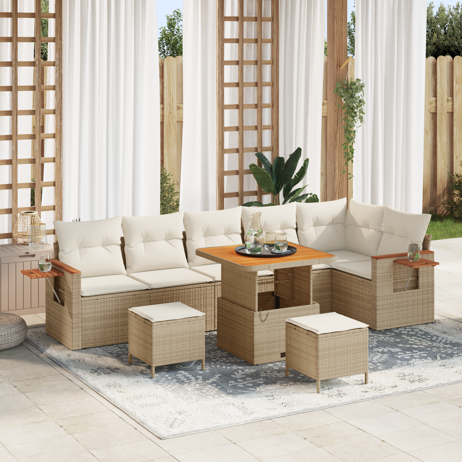 Set Divano da Giardino con Cuscini a 9 Pezzi Beige Polyrattan Acacia