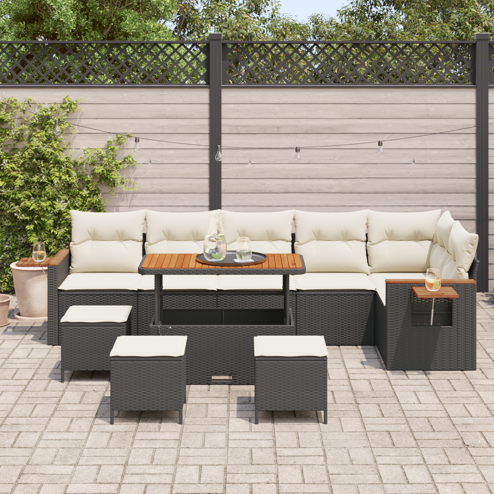 Set Divano da Giardino con Cuscini da 10 Pezzi Black Poly Rattan Acacia
