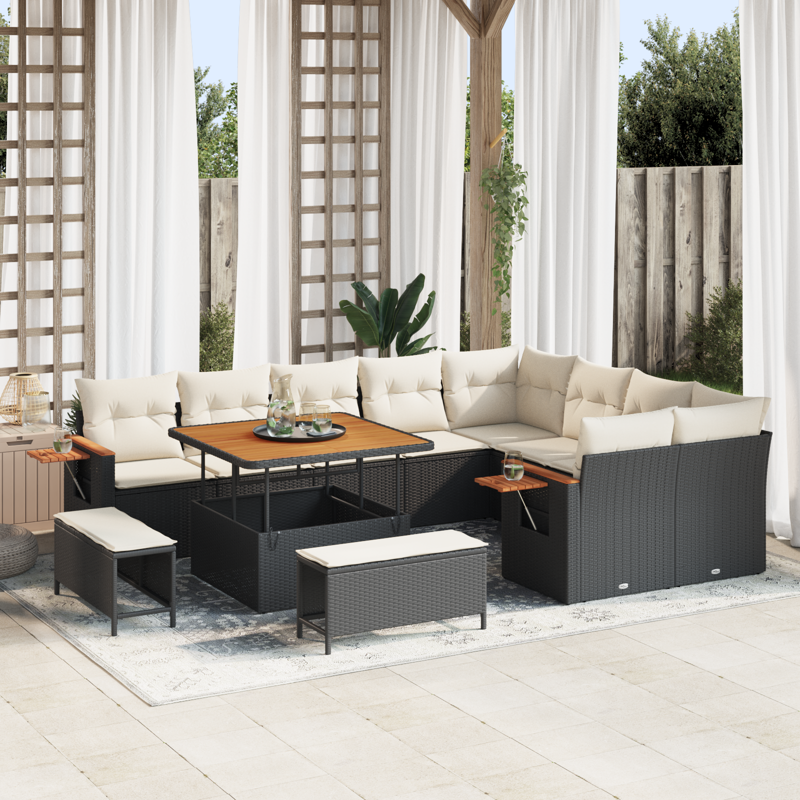 Set Divano da Giardino da 12 Pezzi con Cuscini - Polyrattan Nero Acacia
