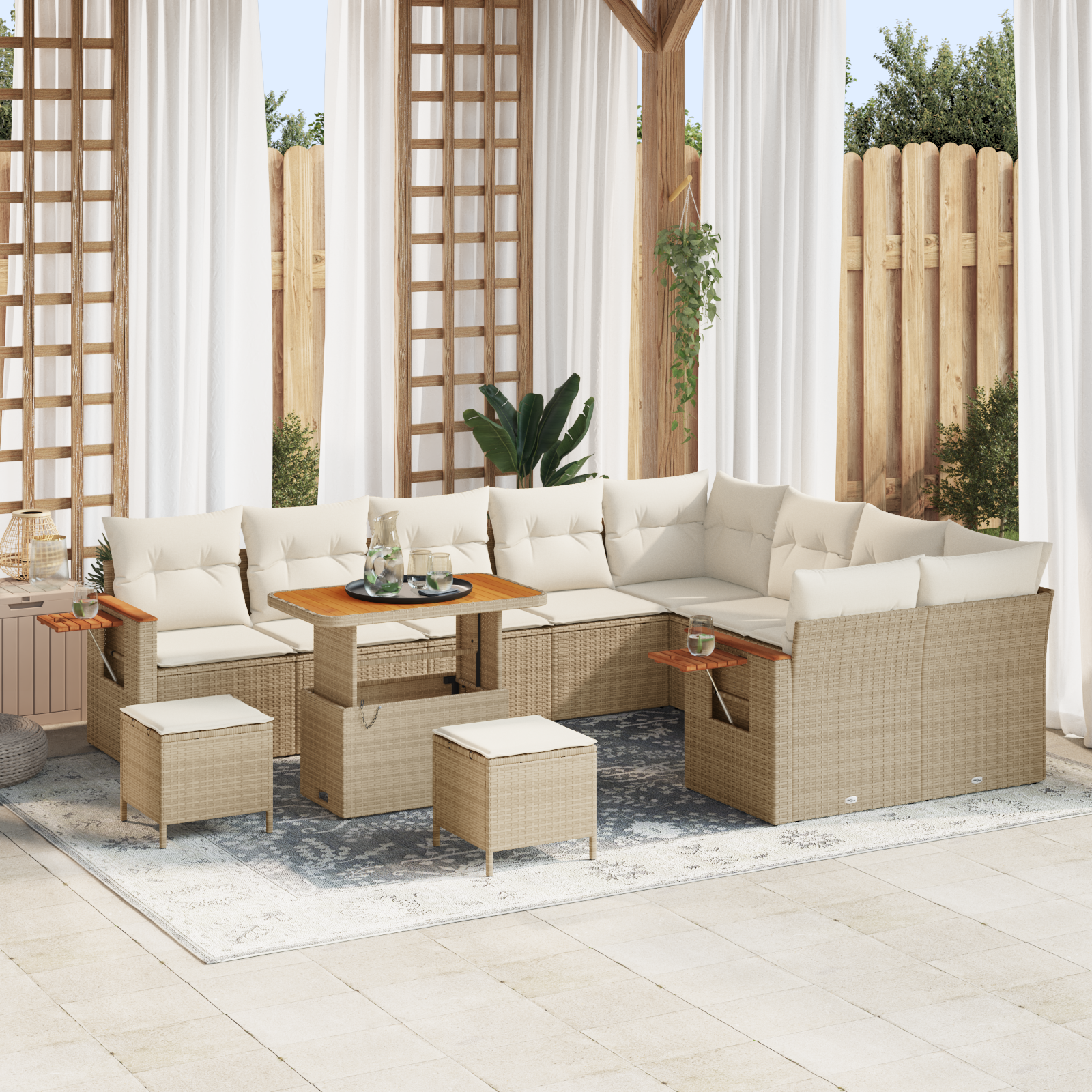 Set Divano da Giardino 12 Pezzi con Cuscini Beige Polyrattan Acacia