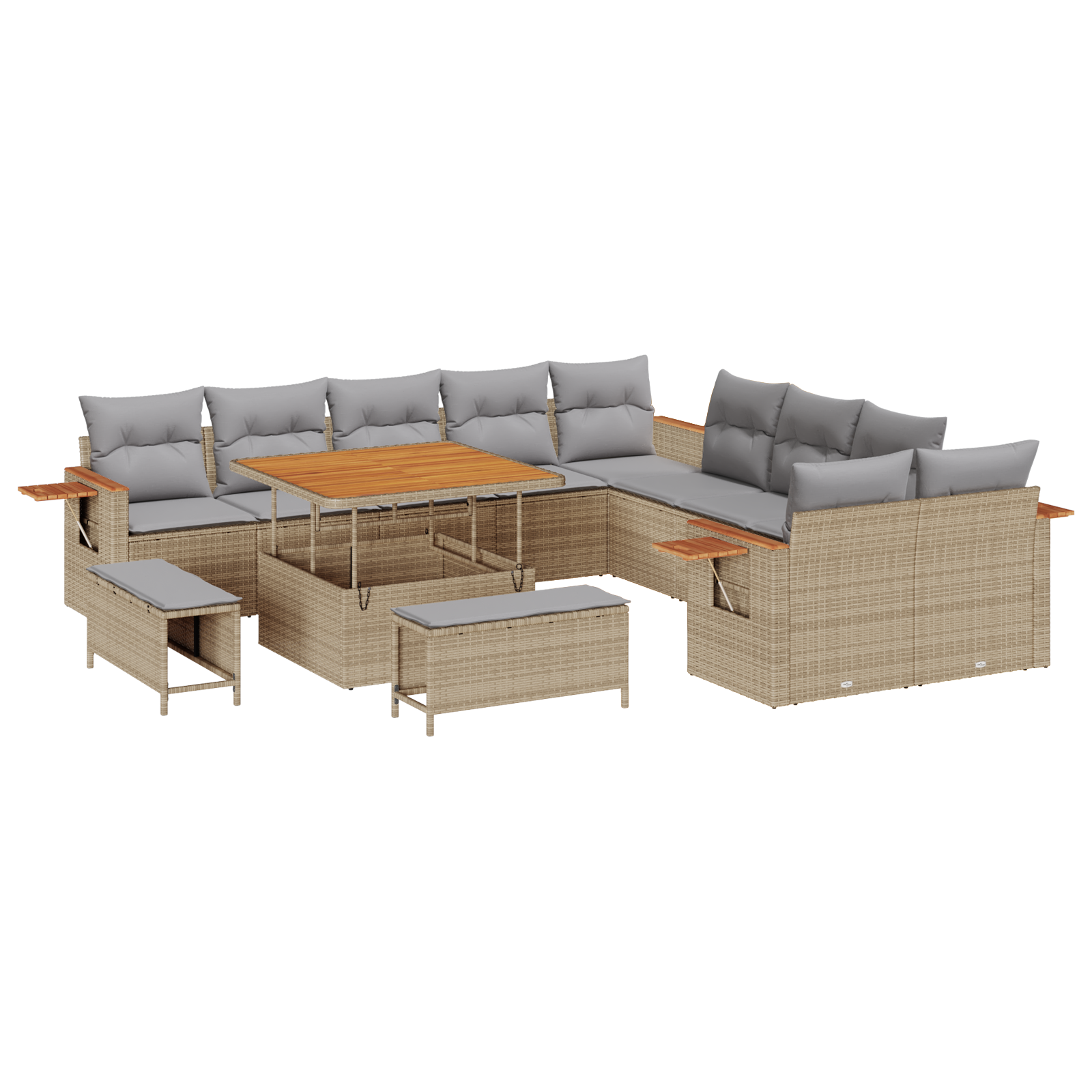 Set Divano da Giardino 13 Pezzi con Cuscini Beige Polyrattan Acacia