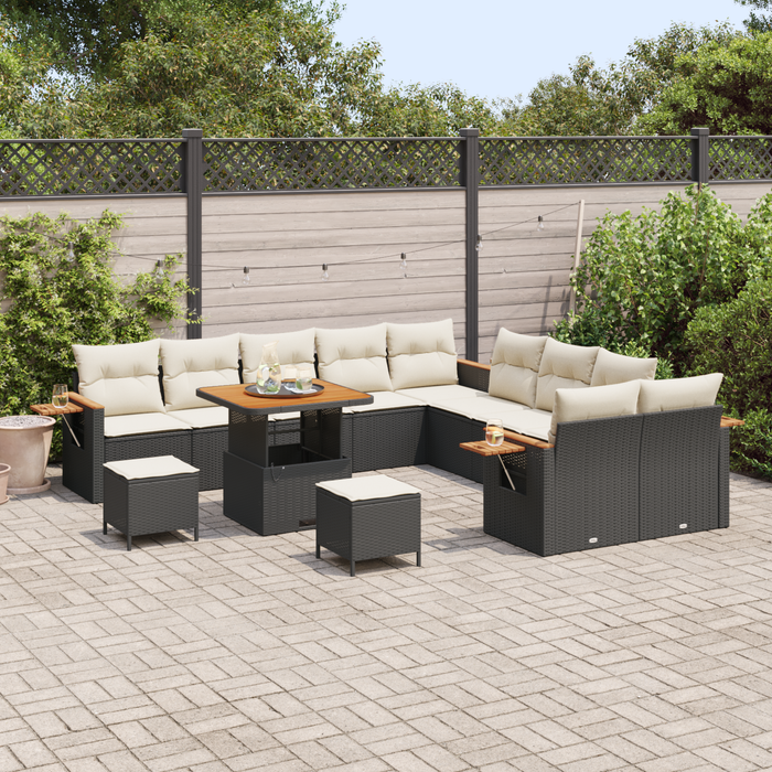 Set Divano da Giardino da 13 Pezzi con Cuscini in Rattan Polyrattan Acacia Nero