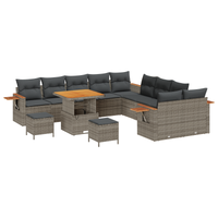 Set di divani da giardino  13 pezzi con cuscini grigio in poly rattan e acacia