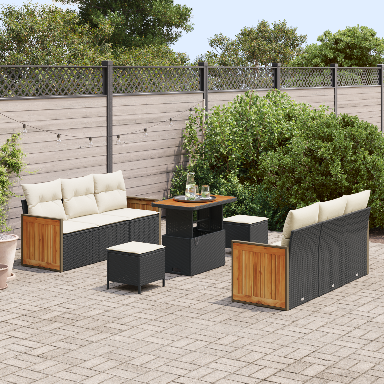 Set Divani Giardino con Cuscini  9 Pezzi Nero Rattan Poli Acacia