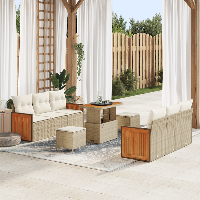 Set Divano Giardino  9 Pezzi con Cuscini Beige Rattan Poly e Acacia