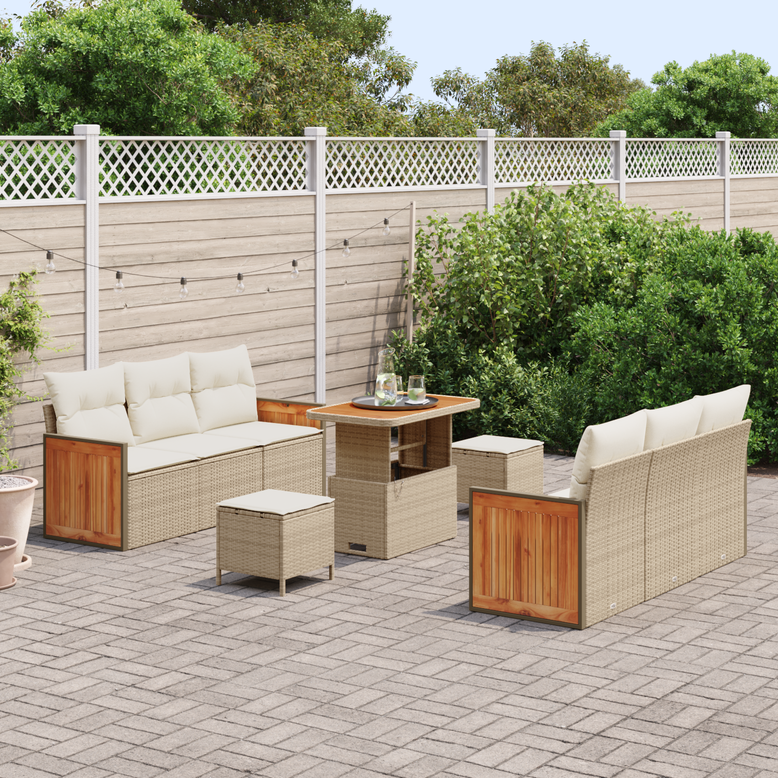 Set Divano Giardino  9 Pezzi con Cuscini Beige Rattan Poly e Acacia