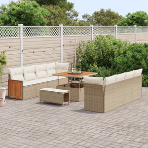 Set da Giardino in 11 Pezzi con Cuscini Beige Polirattan Acacia