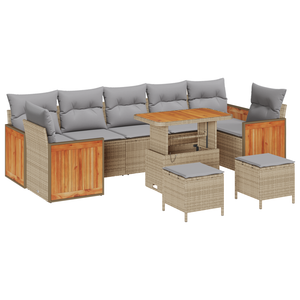 Set di Divano da Giardino 10 Pezzi con Cuscini Beige Polirattan Acacia