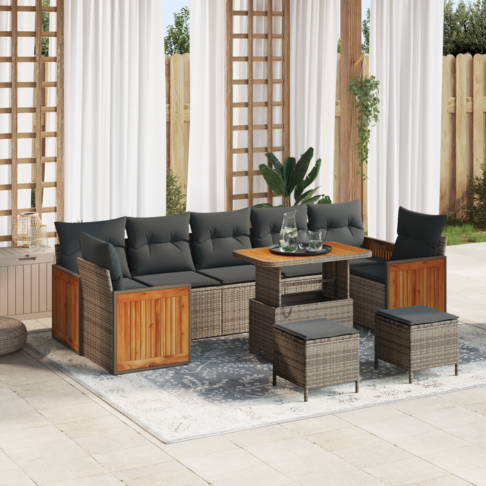 Set Divano da Giardino 10 Pezzi con Cuscini Grigio Polyrattan Legno di Acacia