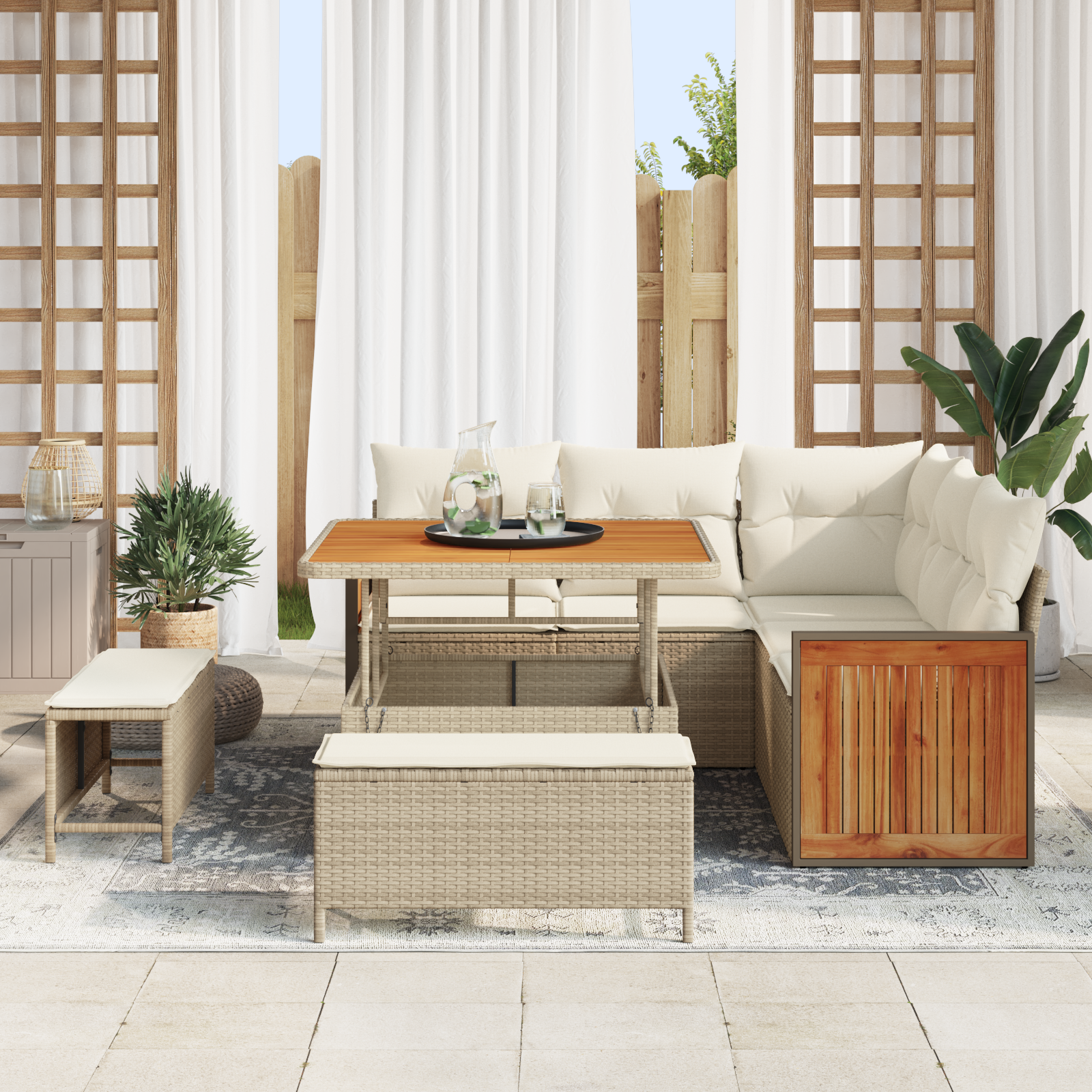Set Divano da Giardino 8 Pezzi con Cuscini Beige Rattan Acacia
