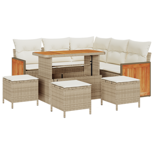 Set Divano da Giardino  a 9 Pezzi con Cuscini Beige Poly Rattan Acacia
