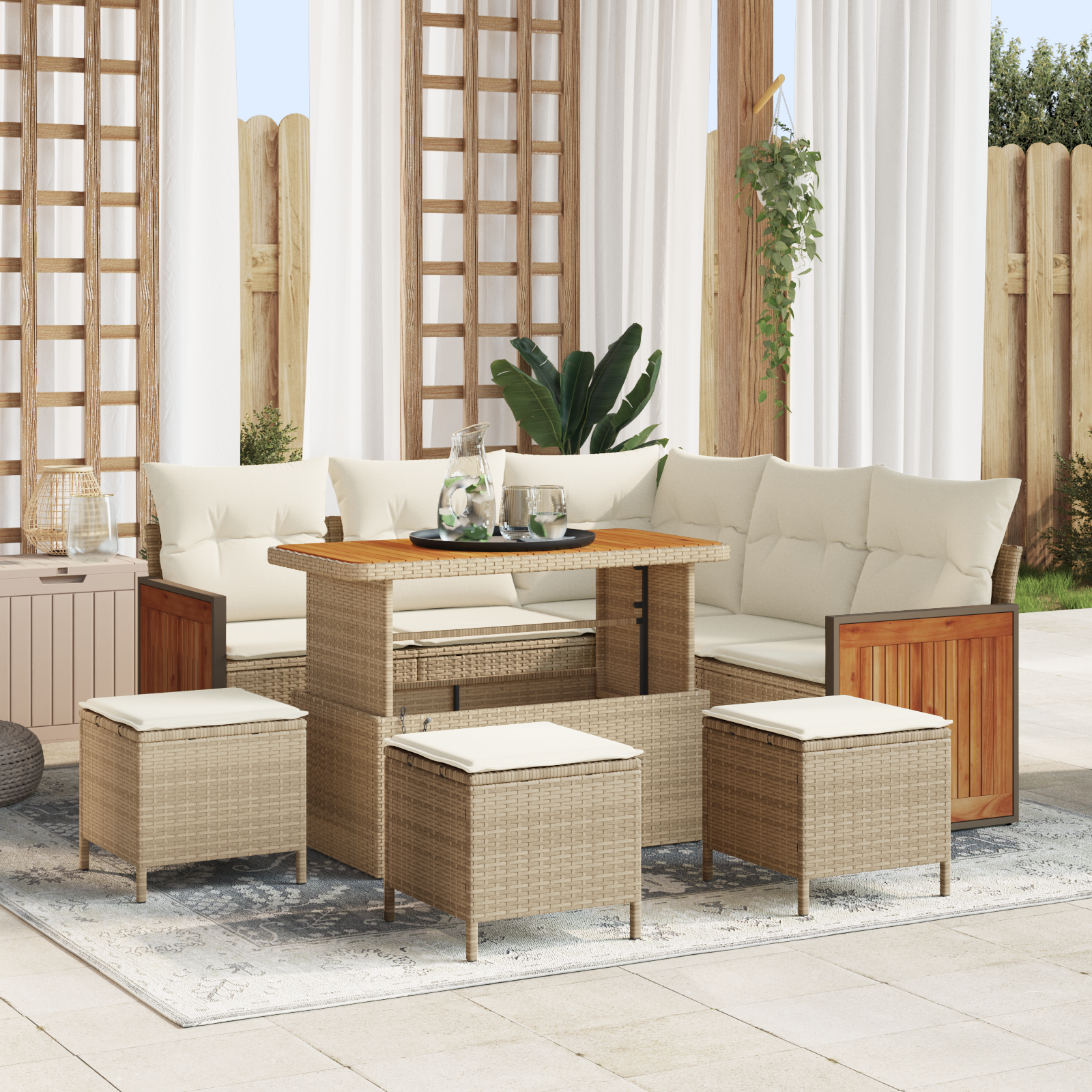 Set Divano da Giardino  a 9 Pezzi con Cuscini Beige Poly Rattan Acacia