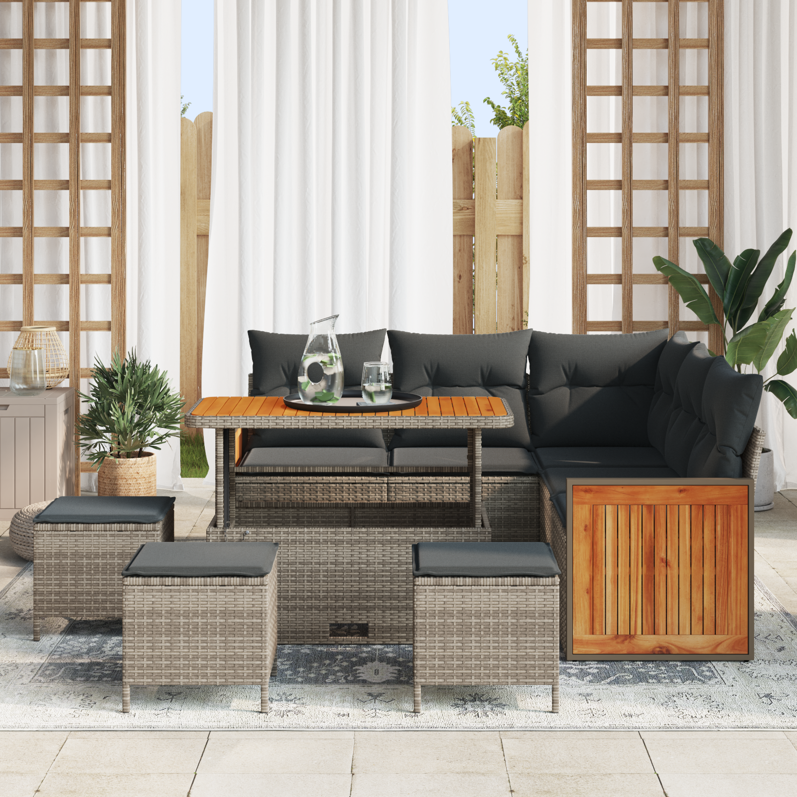 Set Divano Giardino 9 Pezzi con Cuscini Grigio Polyrattan Acacia